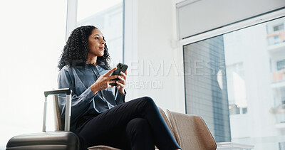 Buy stock photo Thinking, suitcase and businesswoman in airport with cellphone for texting or finance feedback. Travel, decision and financial advisor with luggage on phone for update on investment planning.