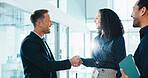 Business, partnership and people in agency with handshake, greeting and negotiation in b2b deal. Flare, introduction and happy employees with shaking hands, networking and agreement for collaboration