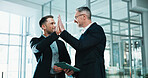Business, tablet and team in office with high five, revenue growth and good news on investor report. Happy, men and financial advisors with tech, budget approval and success in funding opportunity.