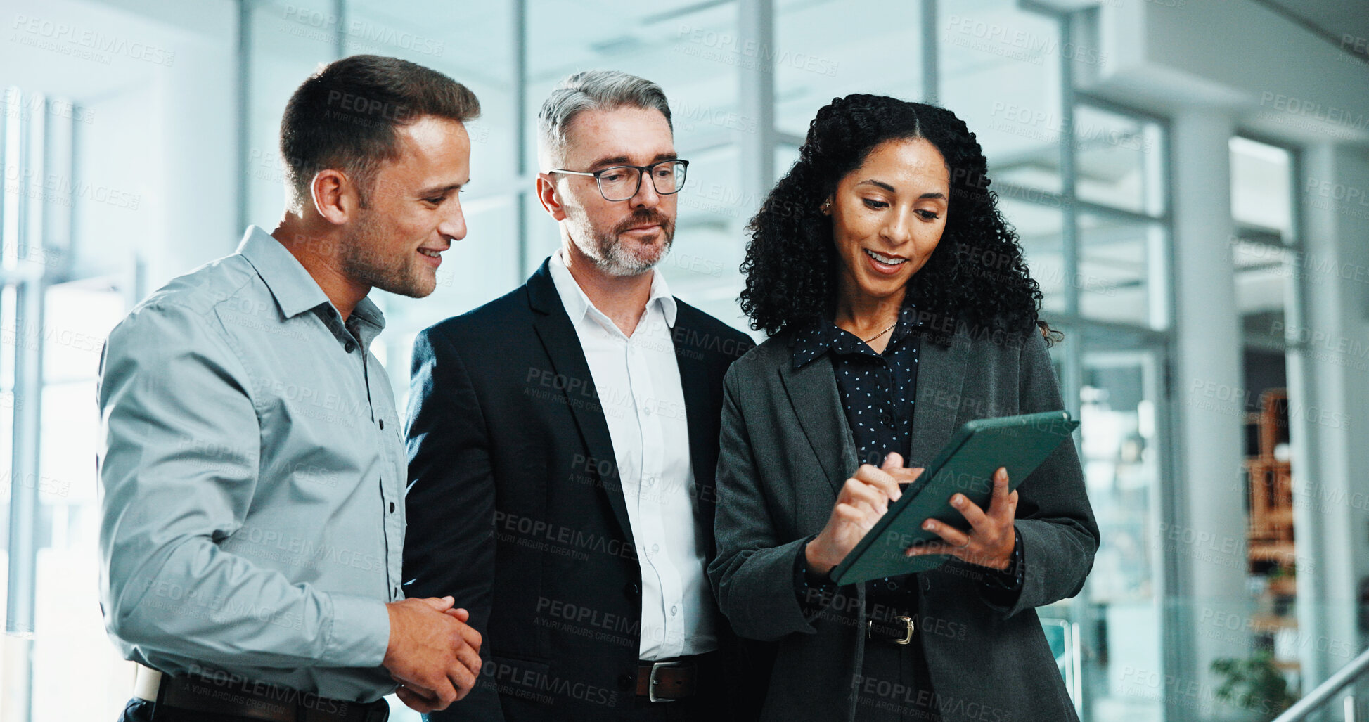 Buy stock photo Discussion, tablet and teamwork with business people in office lobby for project management. Collaboration, conversation and employee group with meeting, report and planning together in workplace
