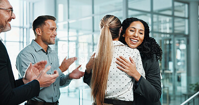 Buy stock photo Business people, woman and applause in office for support, positive reinforcement and promotion. Employee, winner and happy in lobby for career growth, successful campaign or achievement with hug