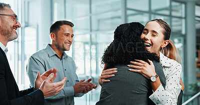 Buy stock photo Business people, woman and applause in office for hug, positive reinforcement and promotion. Employee, winner and happy in lobby for career growth, successful campaign or achievement with smile