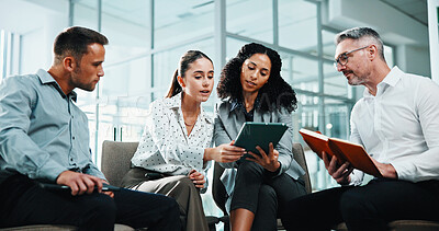 Buy stock photo Meeting, tablet and teamwork with business people in office lobby for project management. Collaboration, conversation and employee group with discussion, notes and planning together in workplace