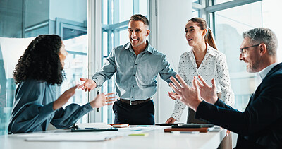 Buy stock photo Business people, announcement and applause in office for congratulation, promotion or . Employee, winner and happy in lobby for career growth, successful campaign or achievement with smile