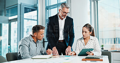 Buy stock photo Manager, tablet and finance team in office with discussion, meeting and advice for audit paperwork. Financial management, business people and talk in workplace with tech, risk assessment or documents