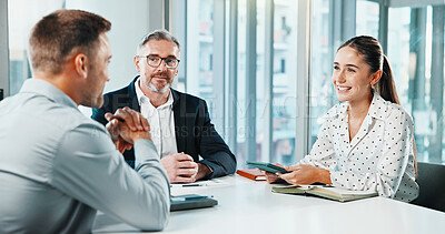 Buy stock photo Manager, tablet and finance team in office with meeting, collaboration and happy with company audit. Financial management, business people and talk in workplace with tech, smile and risk assessment.