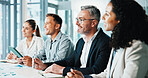 Business people, smile and review at office meeting with team, insight or decision at finance company. Group, staff and planning with strategy, asset management and feedback in investment agency