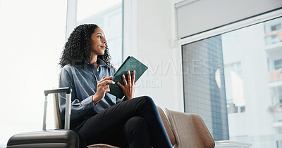 Buy stock photo Businesswoman, travel or wait in airport with tablet, thinking or planning for international work trip. Person, reflection and tech in terminal for departure, internet or commute for job opportunity.