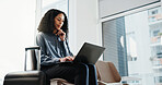 Businesswoman, travel or typing in airport with laptop, thinking and planning for overseas conference. Person, computer and waiting in terminal for departure, commute and research for work trip.