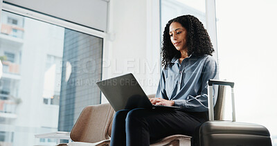Buy stock photo Businesswoman, travel or research in airport with laptop, internet and plan for overseas conference. Person, computer and waiting in terminal for departure, commute and typing report for work trip.