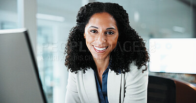 Buy stock photo Computer, happy and portrait of business woman in office for finance, investment or research. Accounting, pc and smile of corporate employee in workplace for digital report or financial review