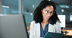Business, night or happy woman with tablet for online research, report or finance in office. Female person, employee or smile with technology or app in late evening for financial review in workplace