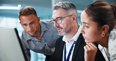 Buy stock photo Business, people and mentor with computer in office for coaching, assistance or help. Businessman, executive or working with colleagues on technology for guidance or performance review in workplace