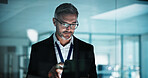 Businessman, night and trading with tablet in office for stock market research or online investment. Man, employee or investor working late with technology for finance, funding or asset management