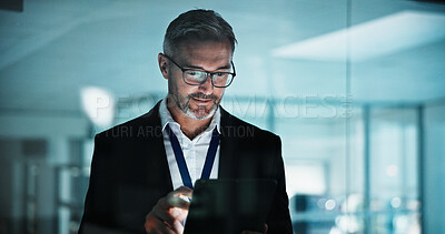 Buy stock photo Businessman, night and trading with tablet in office for stock market research or online investment. Mature man, employee or investor working late with tech for finance, funding or asset management