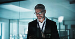 Happy, businessman or night with tablet for investment, online trading or research in office. Man, trader or investor working late with smile on technology for financial asset management in workplace
