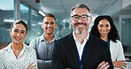 Crossed arms, happy and portrait of business people in office with confidence for finance career. Smile, collaboration and team of financial advisors with manager for pride of about us in workplace.