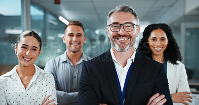 Buy stock photo Manager, happy and portrait of business people in office with confidence for finance career. Smile, leadership and team of financial advisors with crossed arms for pride of about us in workplace.