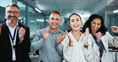 Buy stock photo Excited, portrait and business people with applause in office for work night or congratulations. Happy, group or employees clapping in late evening for success or celebration together in workplace