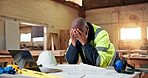 Anxiety, carpentry and laptop with black man in workshop for checklist mistake or order error. Computer, planning and stress with mature carpenter in woodworking plant for digital agenda or schedule