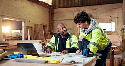 Buy stock photo Carpentry, team and blueprint with people in warehouse for engineer report, manufacturing and meeting. Woodworking project, collaboration and contractor with employees in workshop for feedback