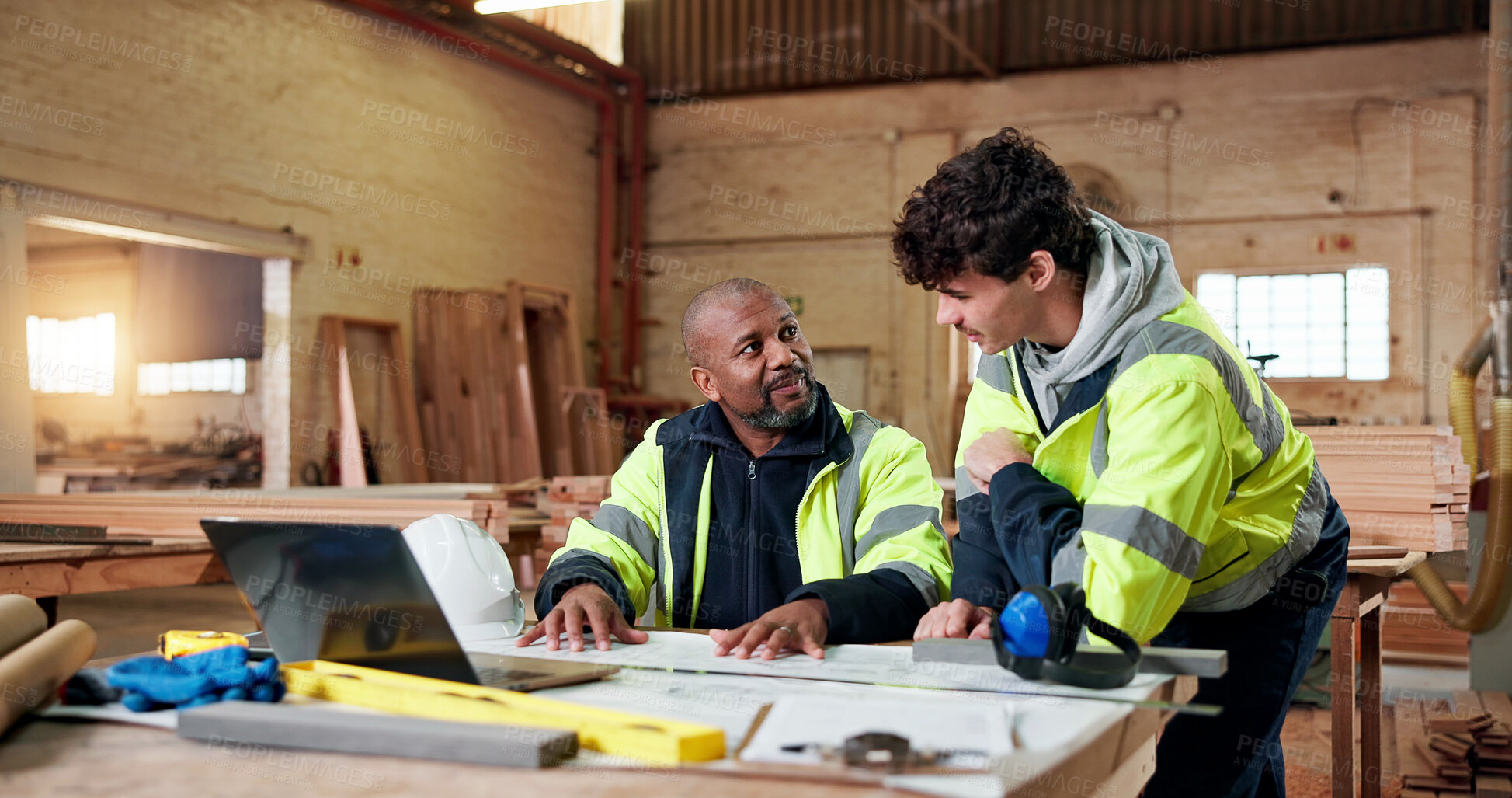 Buy stock photo Carpentry, team and blueprint with people in warehouse for engineer report, manufacturing and meeting. Woodworking project, collaboration and contractor with employees in workshop for feedback