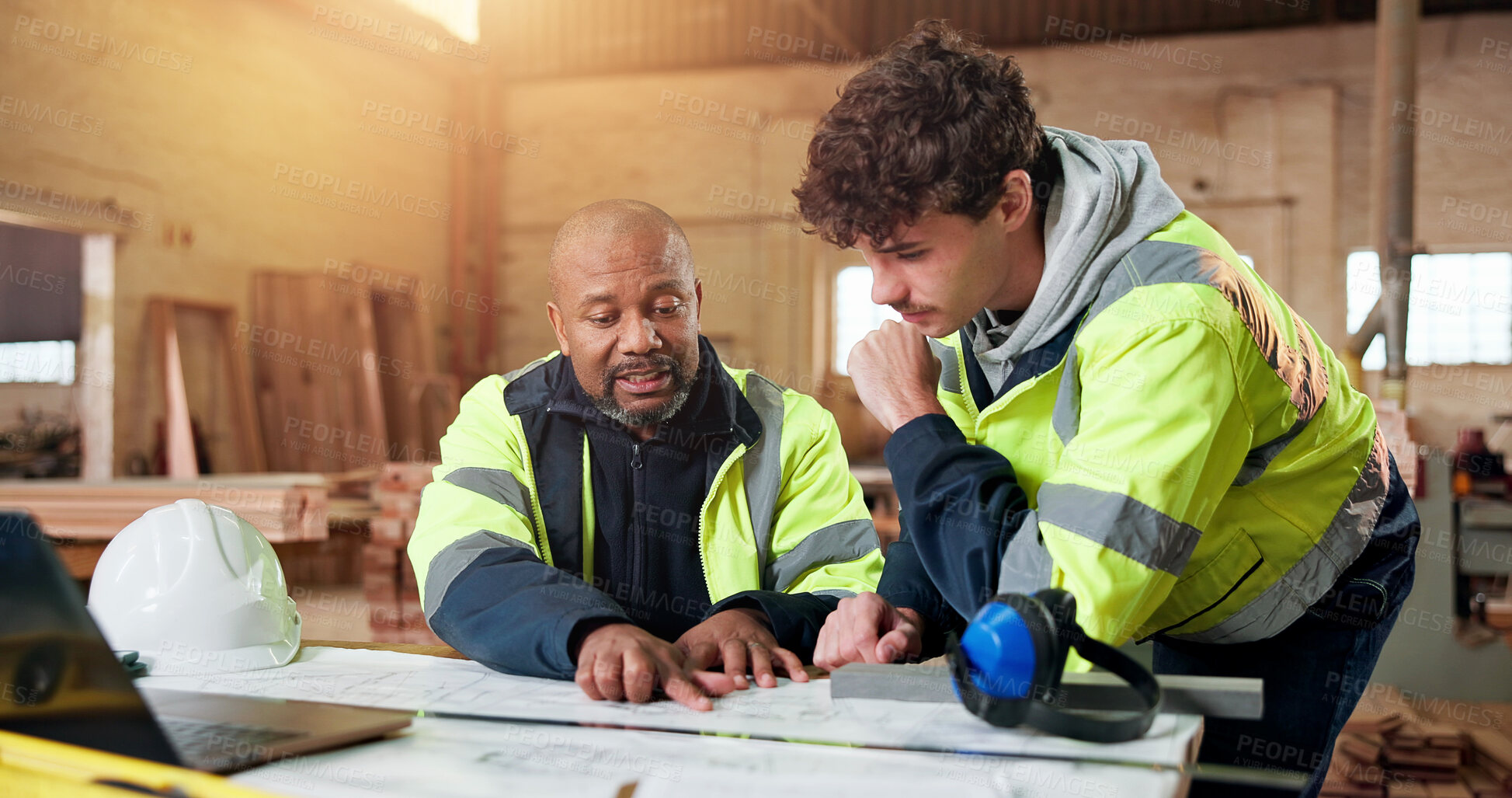 Buy stock photo Carpentry, talking and blueprint with people in warehouse for engineer report, manufacturing and team. Woodworking project, collaboration and contractor with employees in workshop for feedback