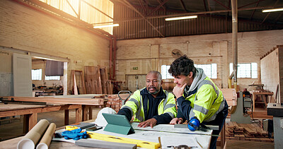 Buy stock photo Carpentry, team and tablet with people in warehouse for engineer report, manufacturing and meeting. Woodworking project, collaboration and online schedule with employees in workshop for feedback