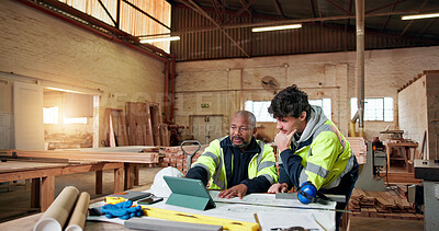Buy stock photo Carpentry, meeting and tablet with people in warehouse for engineer report, manufacturing and team. Woodworking project, collaboration and online schedule with employees in workshop for feedback