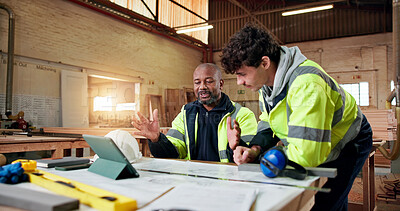 Buy stock photo Carpentry, planning and tablet with people in warehouse for engineer report, manufacturing and meeting. Woodworking project, collaboration and online schedule with employees in workshop for feedback
