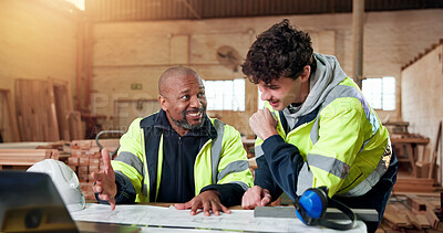 Buy stock photo Carpentry, smile and blueprint with people in warehouse for engineer report, manufacturing and team. Woodworking project, collaboration and contractor with employees in workshop for feedback