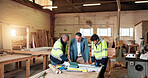 Carpentry, team and supervisor with people in warehouse for engineer report, manufacturing and meeting. Woodworking project, collaboration and planning with employees in workshop for feedback