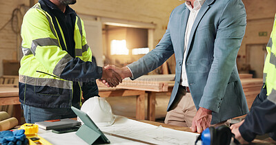 Buy stock photo Handshake, meeting and engineer with people in warehouse for  manufacturing, expansion or agreement. Construction, partner and shaking hands with employee in workshop for contractor deal and woodwork