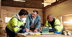 Engineer, team and supervisor with people in warehouse for carpentry report, manufacturing and meeting. Woodworking project, collaboration and planning with employees in workshop for feedback