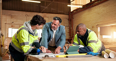 Buy stock photo Engineer, team and supervisor with people in warehouse for carpentry report, manufacturing and meeting. Woodworking project, collaboration and planning with employees in workshop for feedback