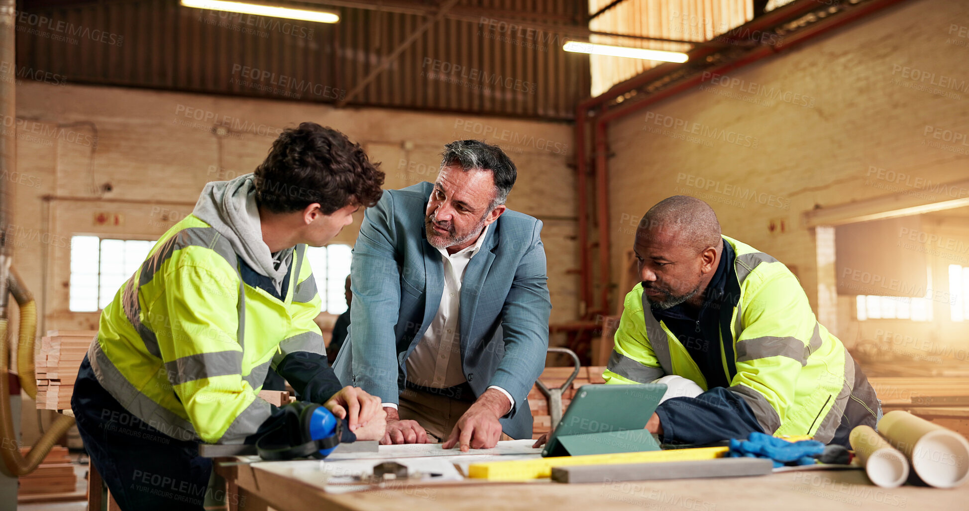 Buy stock photo Engineer, team and supervisor with people in warehouse for carpentry report, manufacturing and meeting. Woodworking project, collaboration and planning with employees in workshop for feedback
