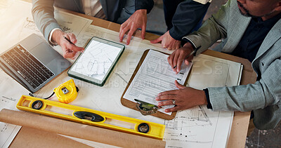 Buy stock photo Clipboard, meeting and carpentry with hands in warehouse for furniture quote, stock review or planning. Manufacturing checklist, contractor invoice and blueprint with above of people in factory