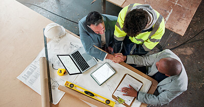 Buy stock photo Handshake, above and engineer with people in warehouse for  manufacturing, expansion or agreement. Construction, blueprint and shaking hands with employee in workshop for contractor deal and woodwork