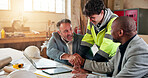 Handshake, thank you and engineer with people in warehouse for manufacturing, smile and agreement. Construction, partner and shaking hands with employee in workshop for contractor deal and woodwork