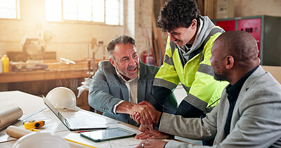 Buy stock photo Handshake, thank you and engineer with people in warehouse for manufacturing, smile and agreement. Construction, partner and shaking hands with employee in workshop for contractor deal and woodwork