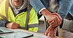Handshake, tablet and engineer with people in warehouse for  manufacturing, expansion and agreement. Construction, digital and shaking hands with employee in workshop for contractor deal and woodwork