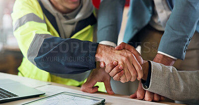 Buy stock photo Handshake, agreement and engineer with people in warehouse for manufacturing, expansion and team. Construction, partner and shaking hands with employee in workshop for contractor deal and woodwork