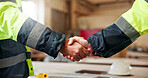 Handshake, team and contractor with people in warehouse for  manufacturing, expansion and agreement. Construction, partner and shaking hands with employee in workshop for engineer deal and woodwork