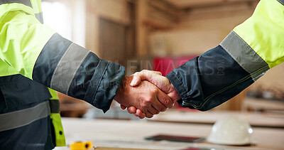 Buy stock photo Shaking hands, team and contractor with people in warehouse for manufacturing, expansion and agreement. Construction, partner and handshake with employee in workshop for engineer deal and woodwork
