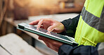 Tablet, scroll and carpentry with hands in warehouse for furniture quote, stock review or planning. Manufacturing checklist, online invoice and evaluation with person and tech in factory for project