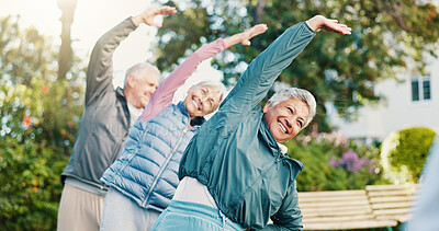 Buy stock photo Stretching, happy and senior people outdoor for wellness, mobility and exercise for morning routine. Retirement, garden and elderly women and man for fitness, muscle support and healthy activity