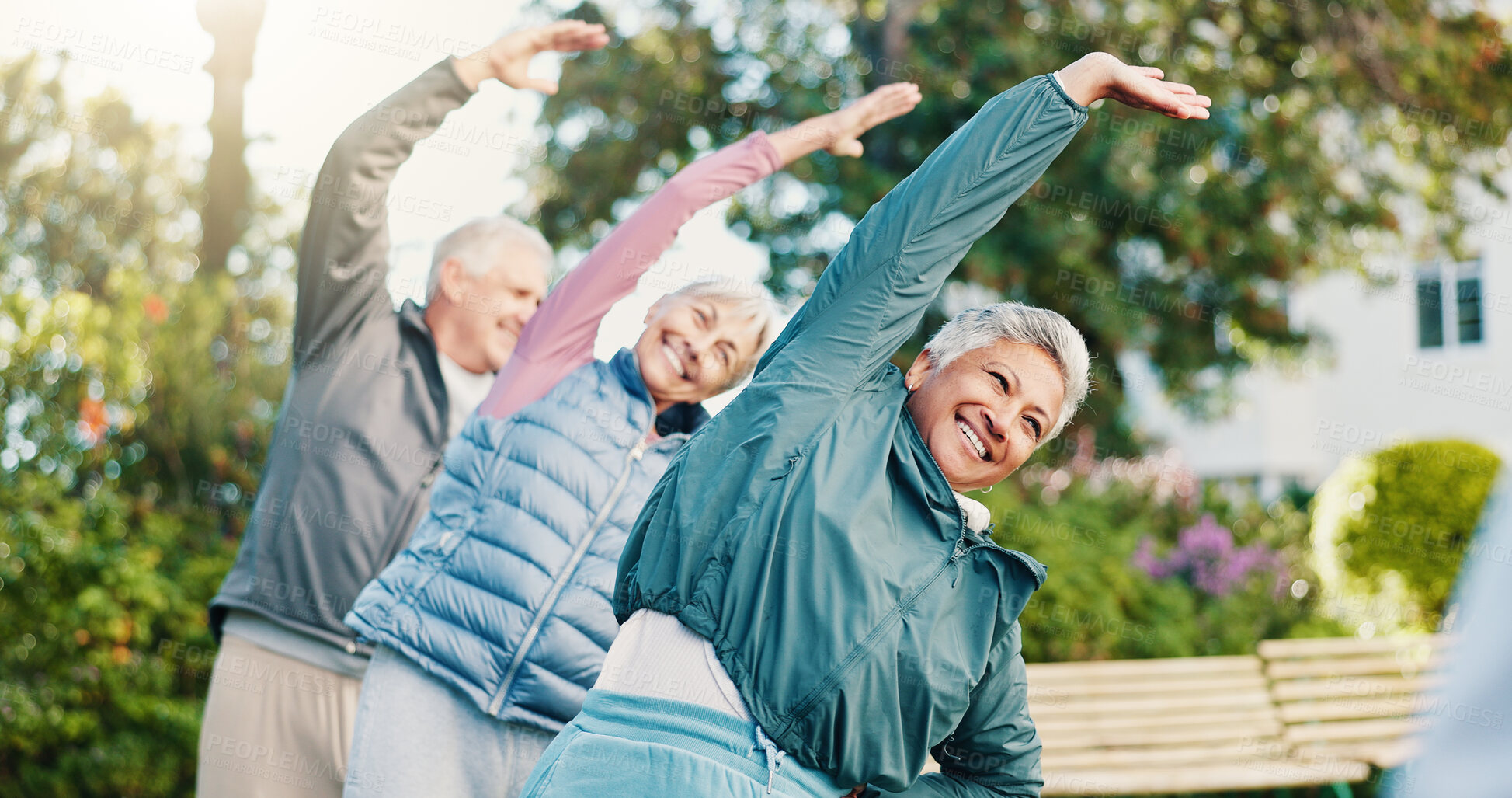 Buy stock photo Stretching, happy and senior people outdoor for wellness, mobility and exercise for morning routine. Retirement, garden and elderly women and man for fitness, muscle support and healthy activity