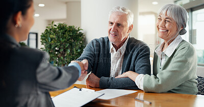 Buy stock photo Smile, old couple and handshake at house with advisor, real estate deal and purchase agreement. Senior people, shaking hands or thank you for consultation, retirement benefits and finance negotiation