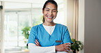 Crossed arms, happy and face of nurse in hospital with confidence for career in medical service. Woman, about us and portrait of Asian healthcare worker with pride for support opportunity in clinic.