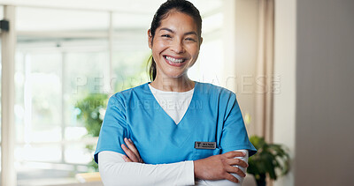 Buy stock photo Crossed arms, smile and portrait of nurse in hospital with confidence for career in medical service. Happy woman, about us and Asian healthcare worker with pride for support opportunity in clinic.